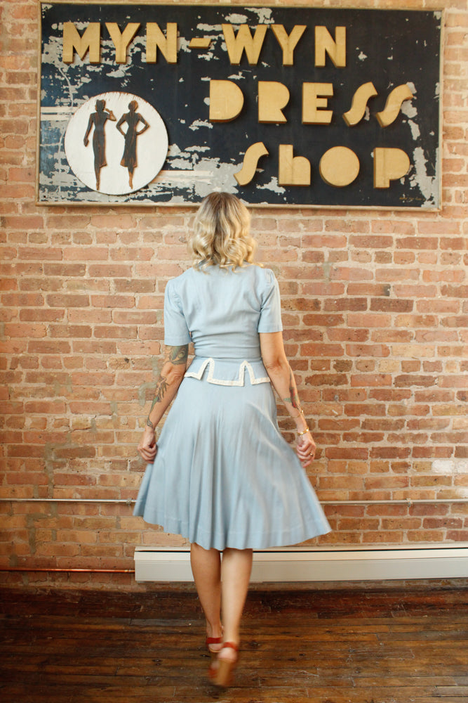 1940s Blue Linen Blouse & Skirt Set - Xsmall