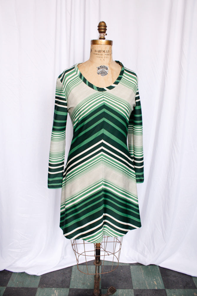 1970s Chevron Green Striped Dress - Small to Medium