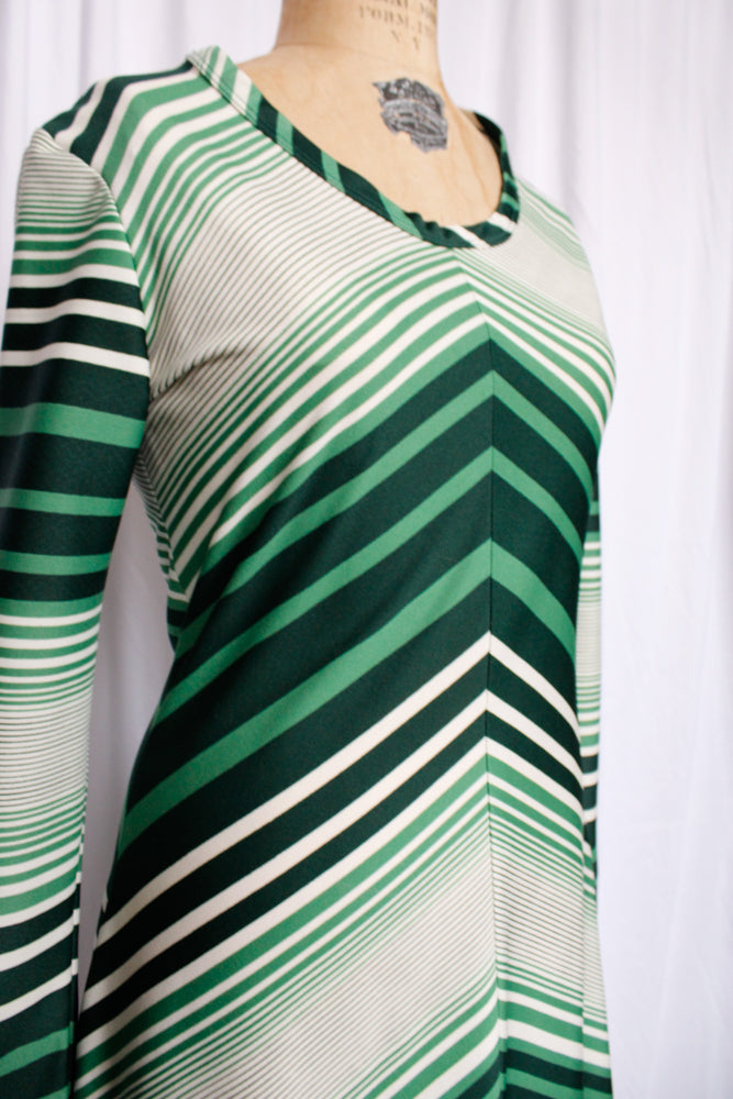 1970s Chevron Green Striped Dress - Small to Medium