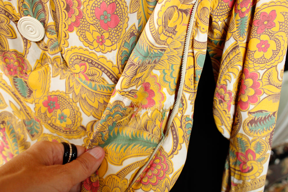 1940s Cold Rayon Butterscotch Floral Dress - M/L