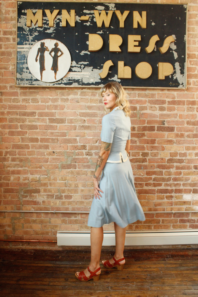 1940s Blue Linen Blouse & Skirt Set - Xsmall