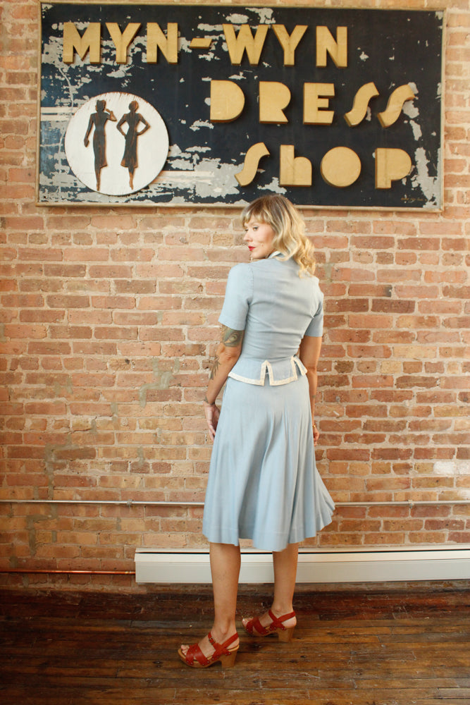 1940s Blue Linen Blouse & Skirt Set - Xsmall