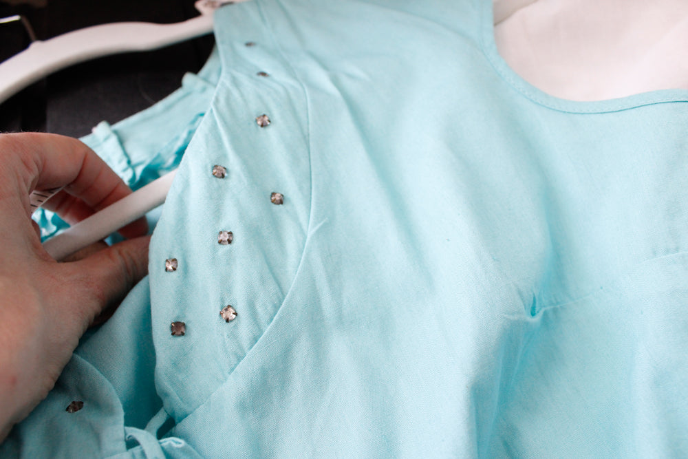 1950s Teal Blue Blouse with Rhinestones - S/M