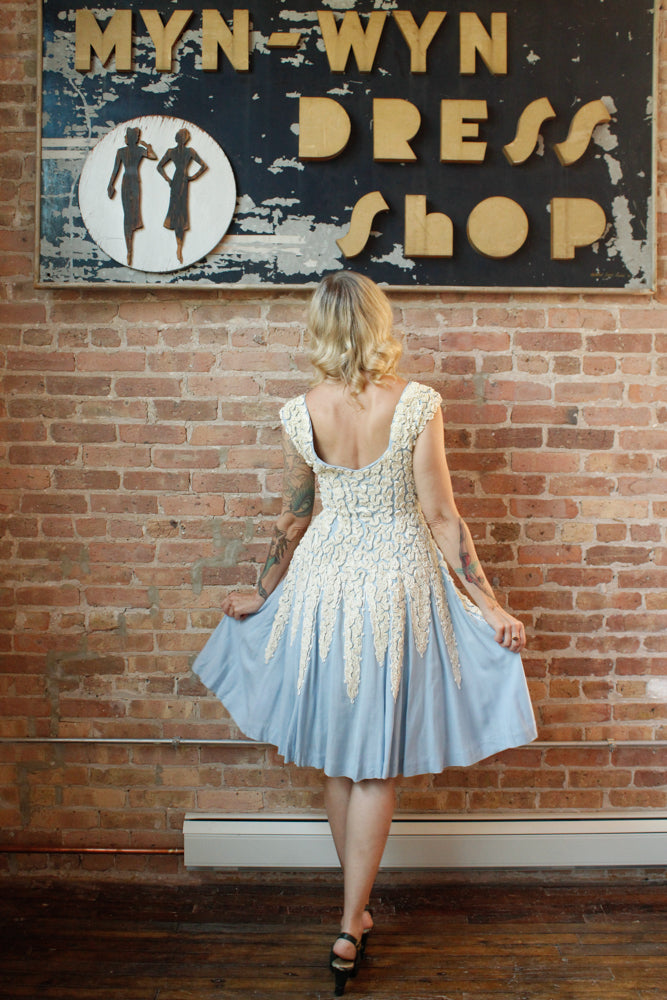 1950s Ribbon Blue Linen Dress - S/M