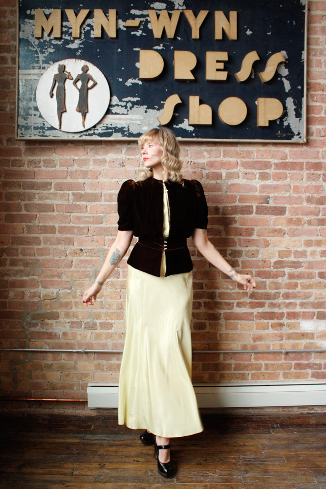 1930s Chartreuse Taffeta Gown with Silk Velvet Jacket - S/M