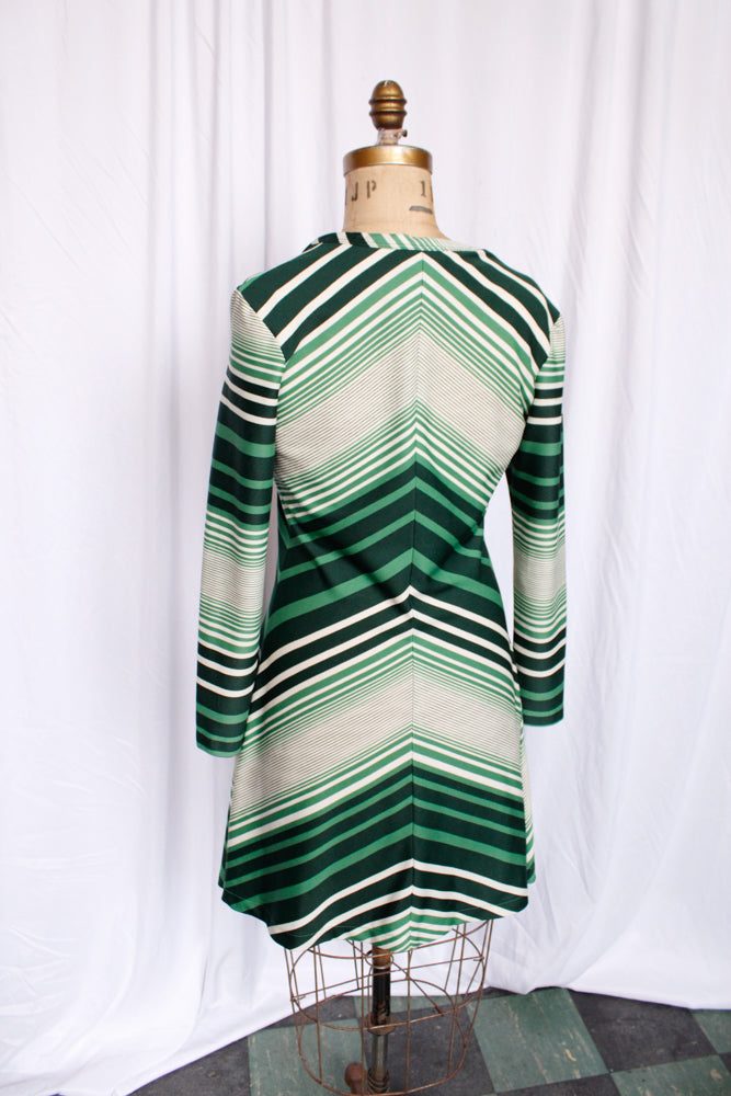 1970s Chevron Green Striped Dress - Small to Medium