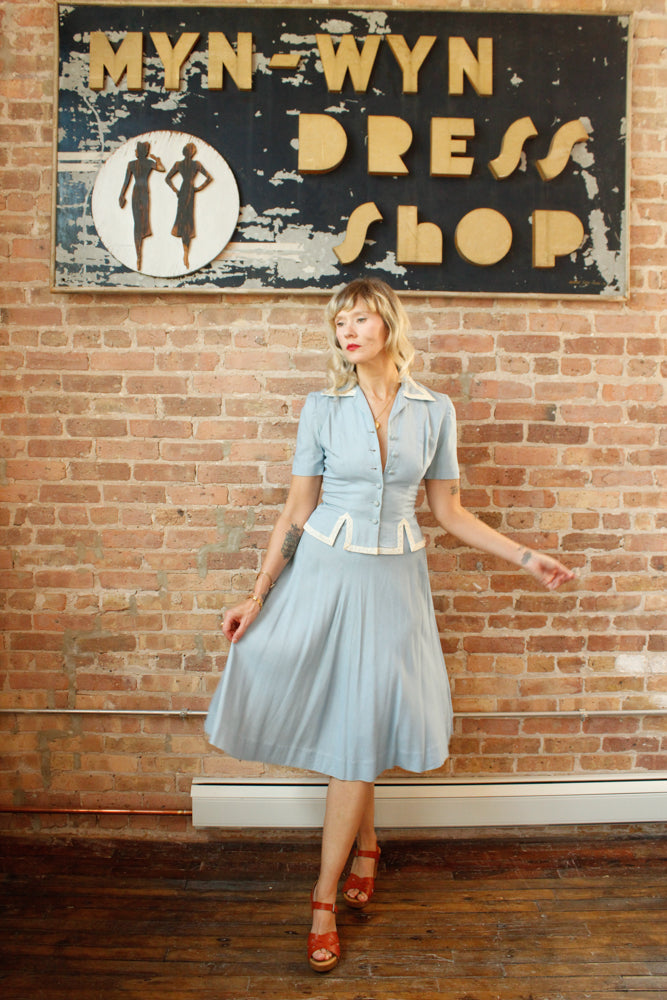 1940s Blue Linen Blouse & Skirt Set - Xsmall