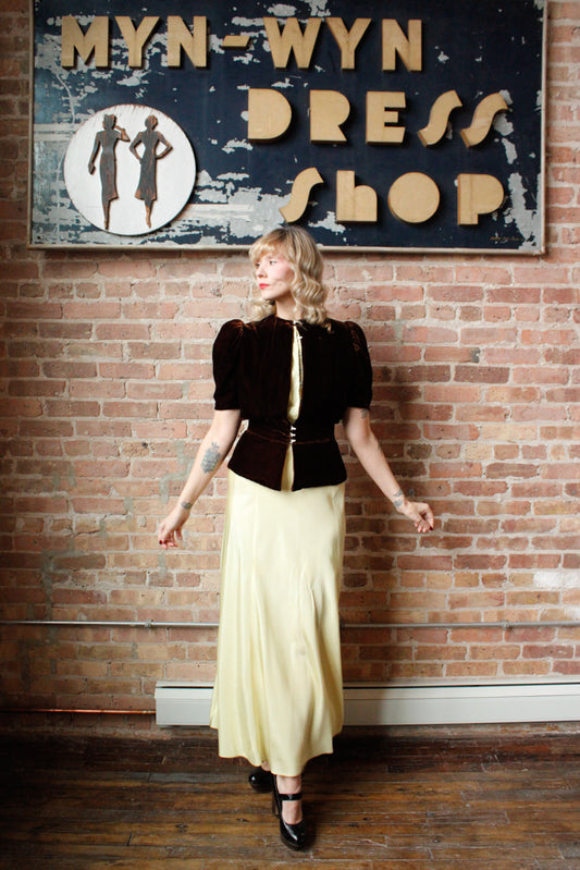 1930s Chartreuse Taffeta Gown with Silk Velvet Jacket - S/M