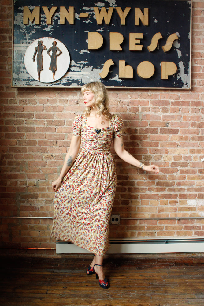 1930s Rayon Jersey Floral Gown with Bakelite clip - Xsmall