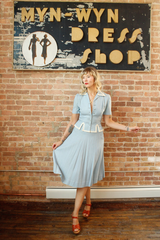 1940s Blue Linen Blouse & Skirt Set - Xsmall