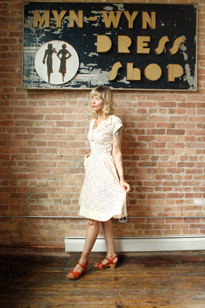 1950s Mademoiselle Juliette Ivory Lace Dress - Small