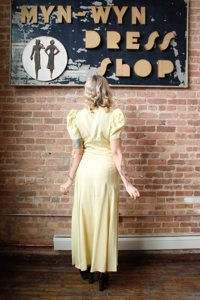 1930s Chartreuse Taffeta Gown with Silk Velvet Jacket - S/M