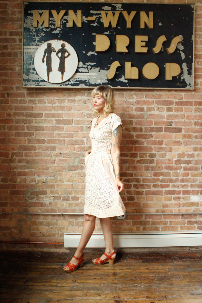 1950s Mademoiselle Juliette Ivory Lace Dress - Small