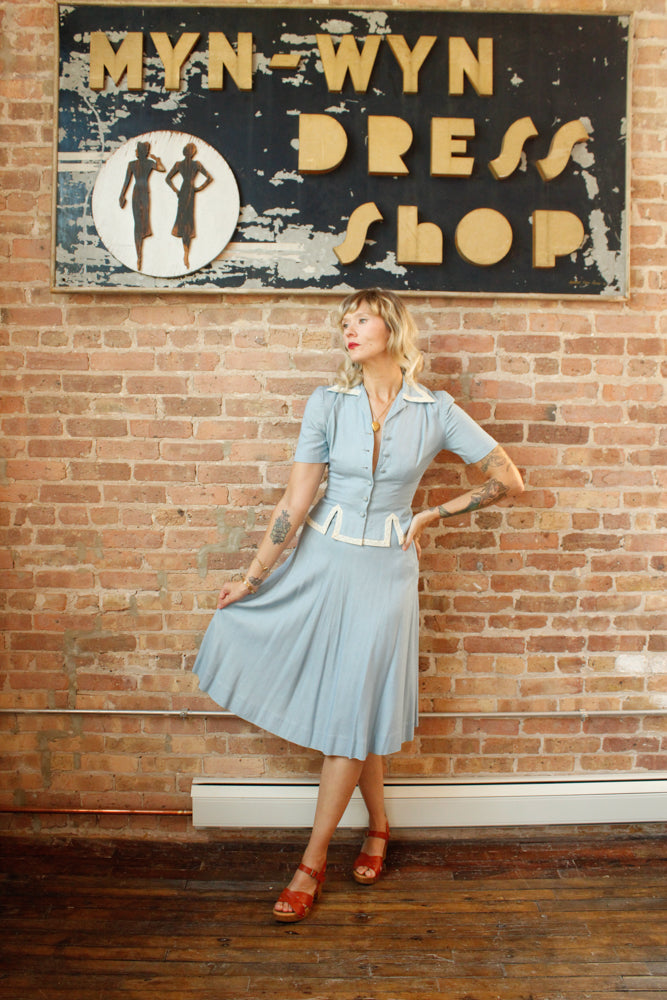1940s Blue Linen Blouse & Skirt Set - Xsmall