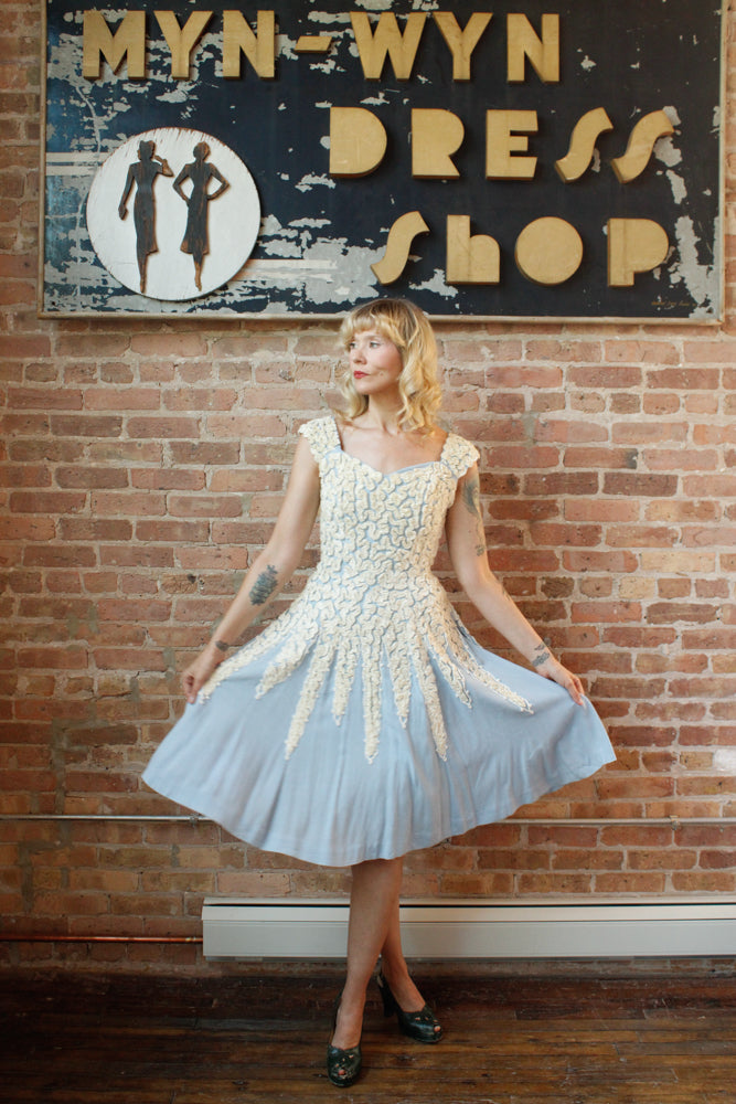 1950s Ribbon Blue Linen Dress - S/M
