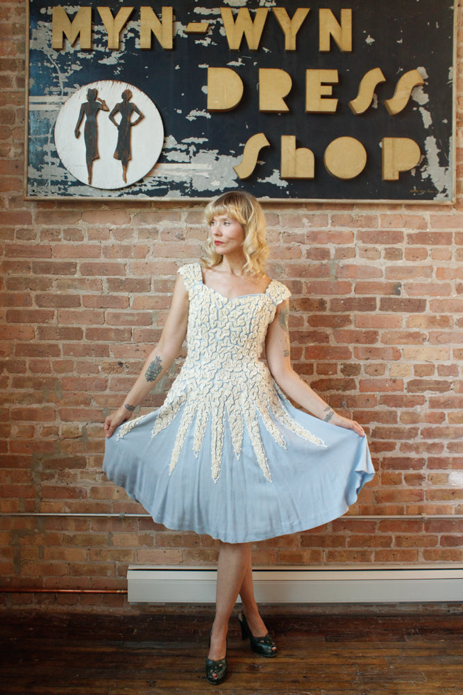 1950s Ribbon Blue Linen Dress - S/M