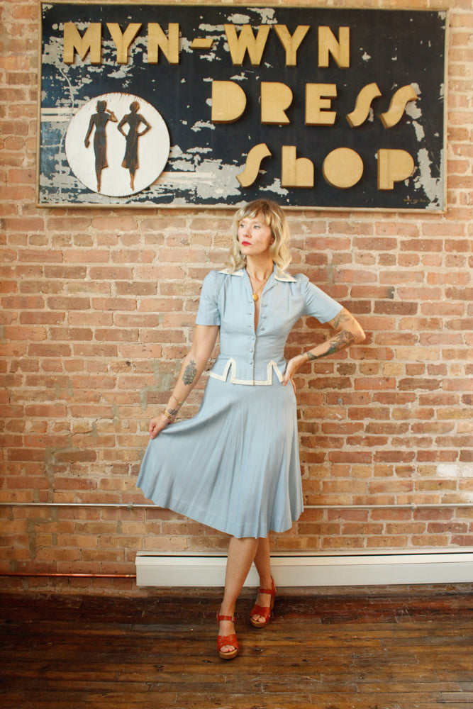 1940s Blue Linen Blouse & Skirt Set - Xsmall