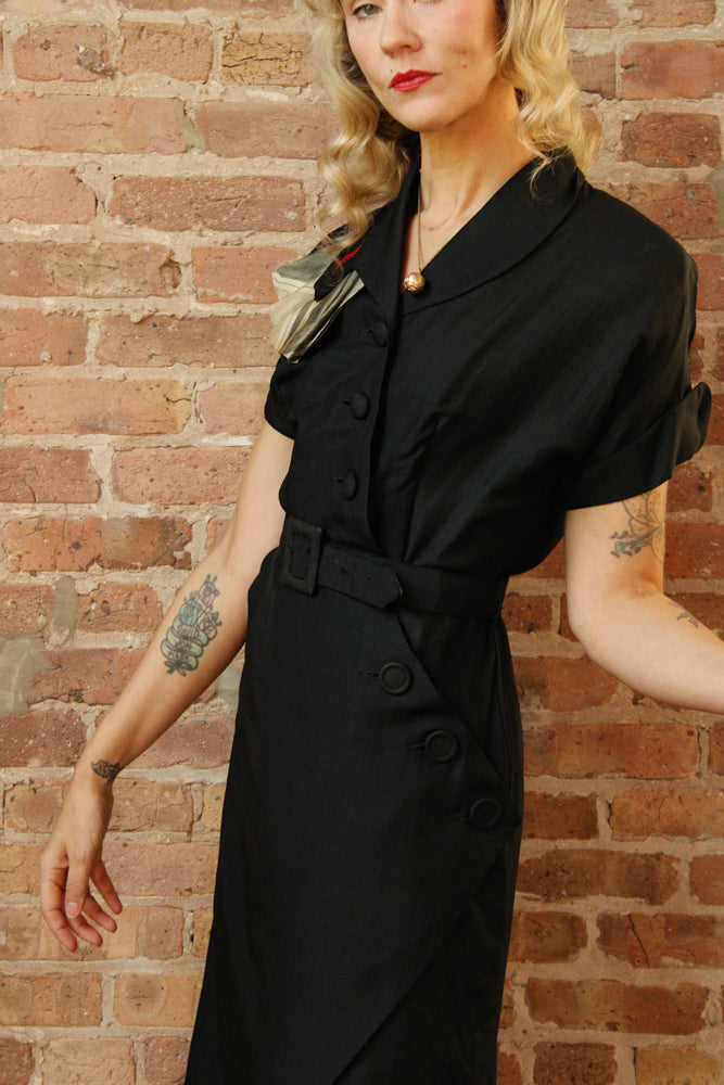 1950s Silk Asymmetrical Button Sheath Dress - Medium