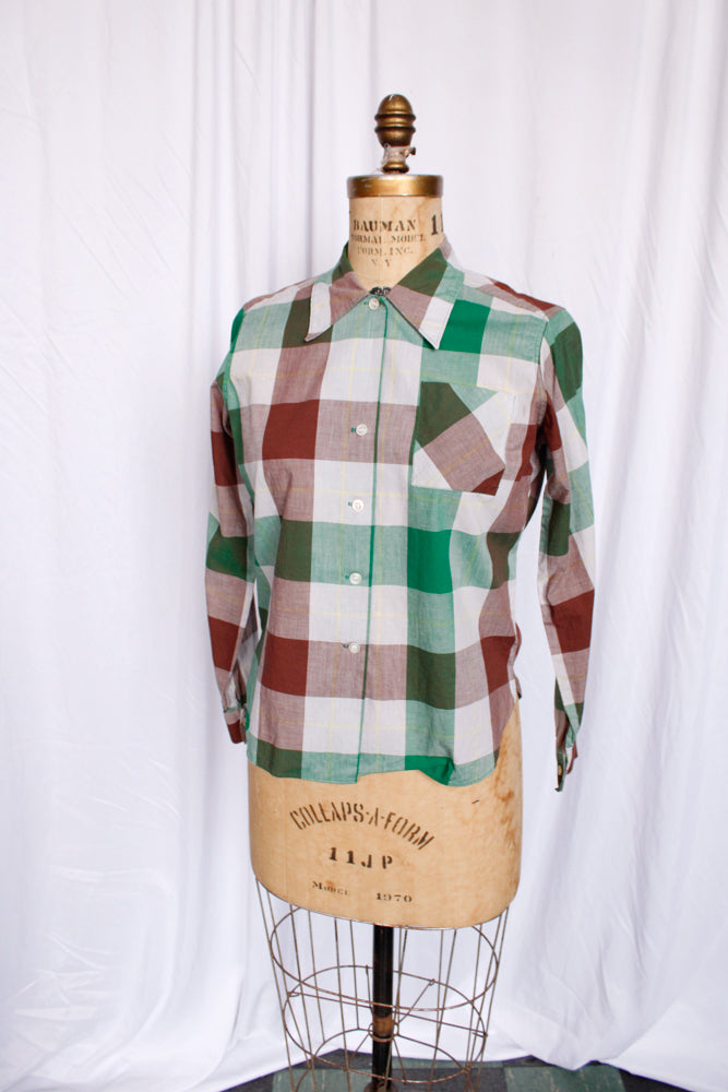 1950s Green & Brown Plaid Cotton Shirt ~ Medium 