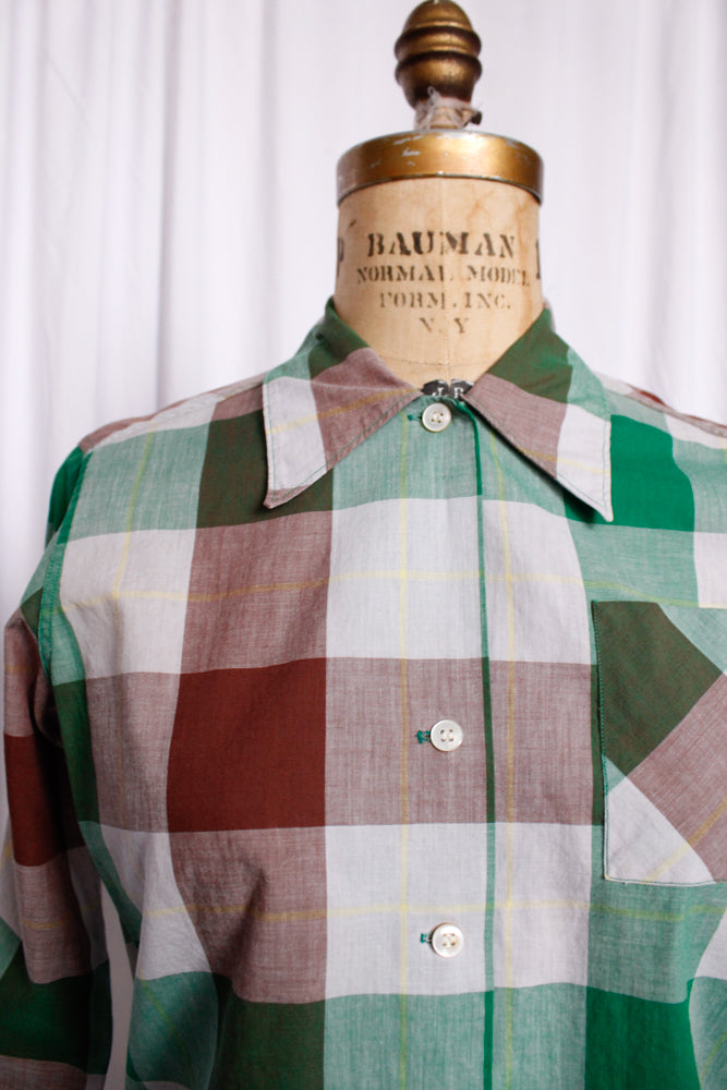 1950s Green & Brown Plaid Cotton Shirt ~ Medium 