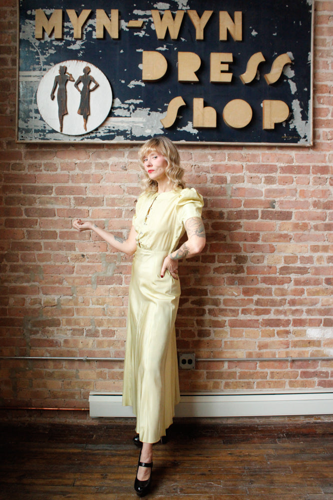 1930s Chartreuse Taffeta Gown with Silk Velvet Jacket - S/M