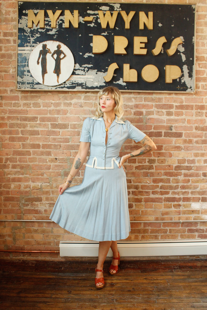1940s Blue Linen Blouse & Skirt Set - Xsmall