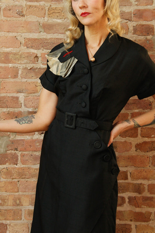 1950s Silk Asymmetrical Button Sheath Dress - Medium