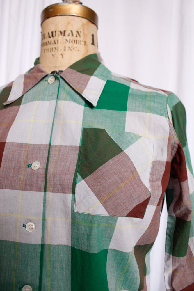 1950s Green & Brown Plaid Cotton Shirt ~ Medium 