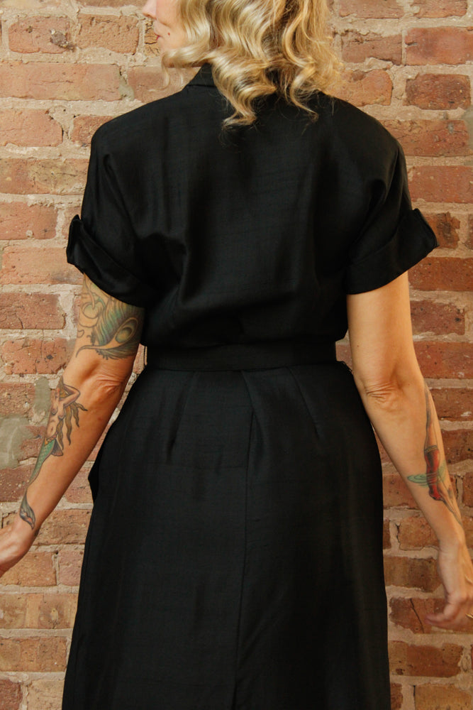 1950s Silk Asymmetrical Button Sheath Dress - Medium