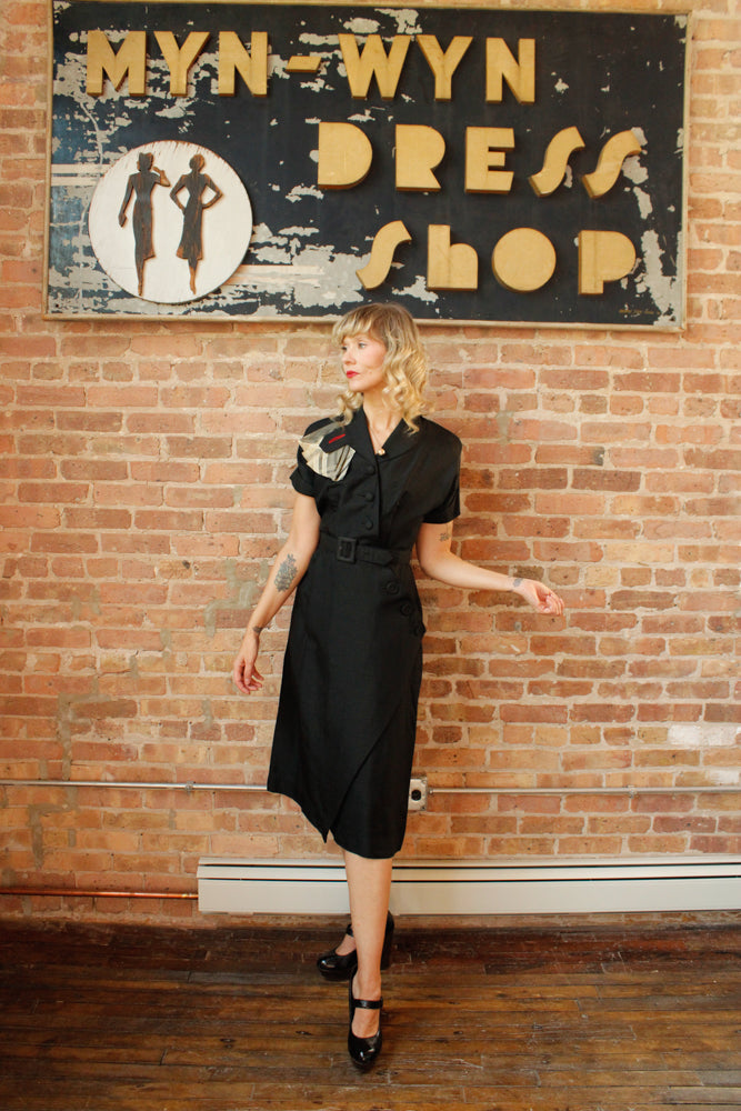 1950s Silk Asymmetrical Button Sheath Dress - Medium