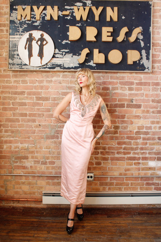 1960s Kay Martin Pink Slipper Silk & Beaded Gown - M/L