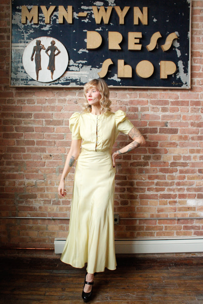 1930s Chartreuse Taffeta Gown with Silk Velvet Jacket - S/M