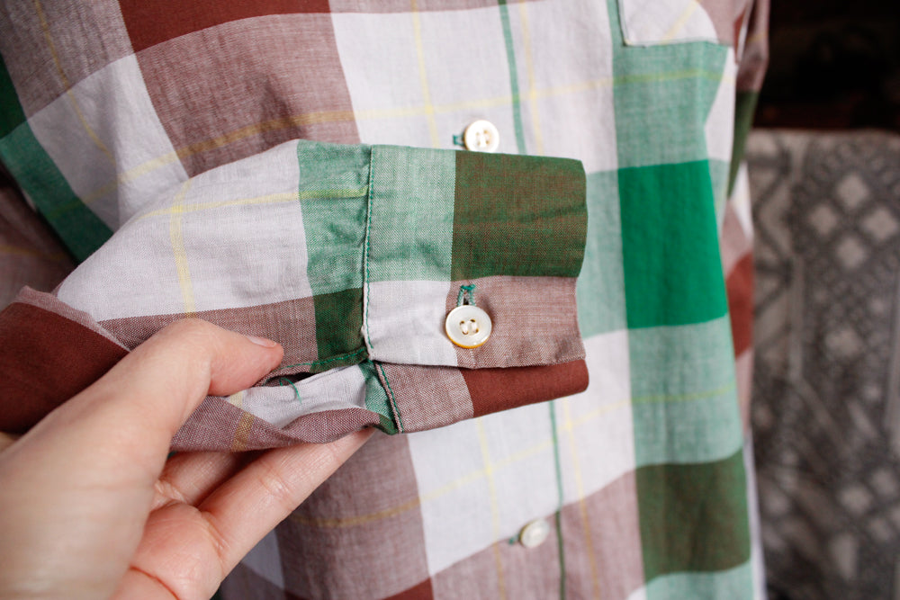 1950s Green & Brown Plaid Cotton Shirt ~ Medium 