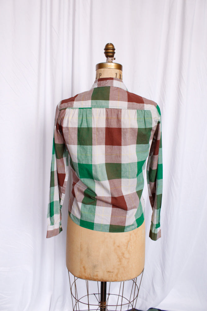 1950s Green & Brown Plaid Cotton Shirt ~ Medium 