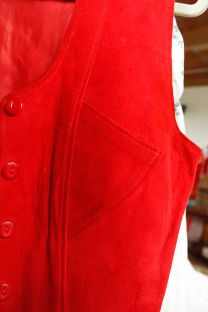 1930s Suede Leather Buckle Back Red Vest - S/M