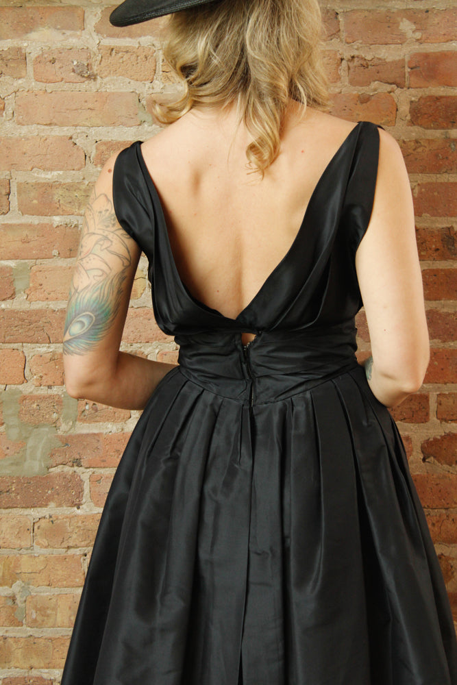 Late 40s / Early 50s Dior Style Black Silk Taffeta Sheath Dress long Peplum - Small