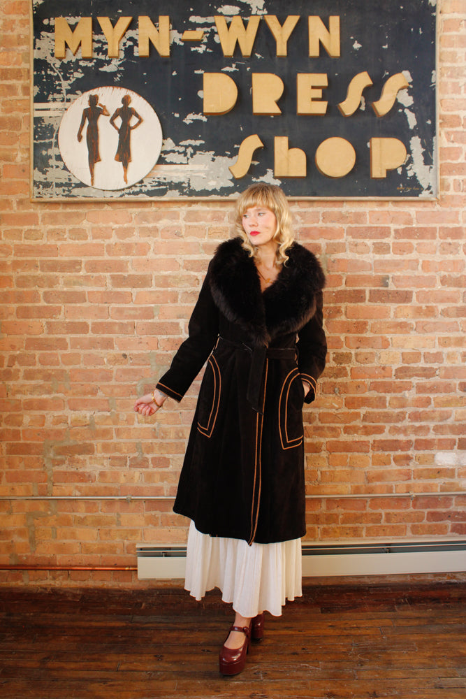 1970s Deep Brown Shearling Suede Penny Lane Coat - Medium