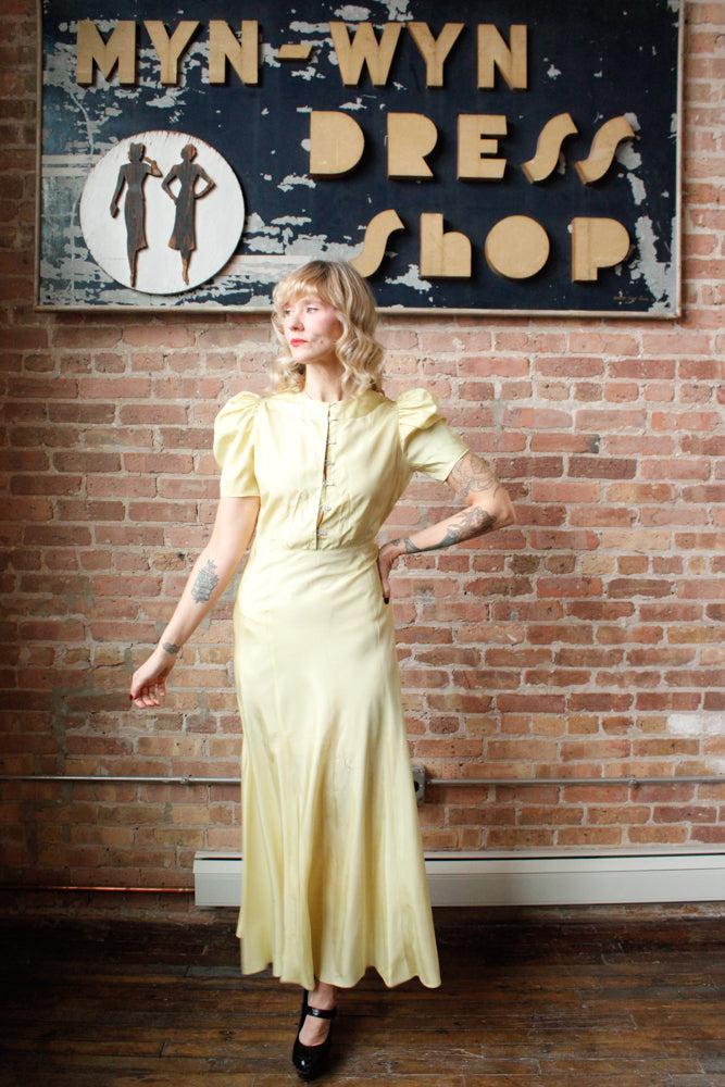 1930s Chartreuse Taffeta Gown with Silk Velvet Jacket - S/M