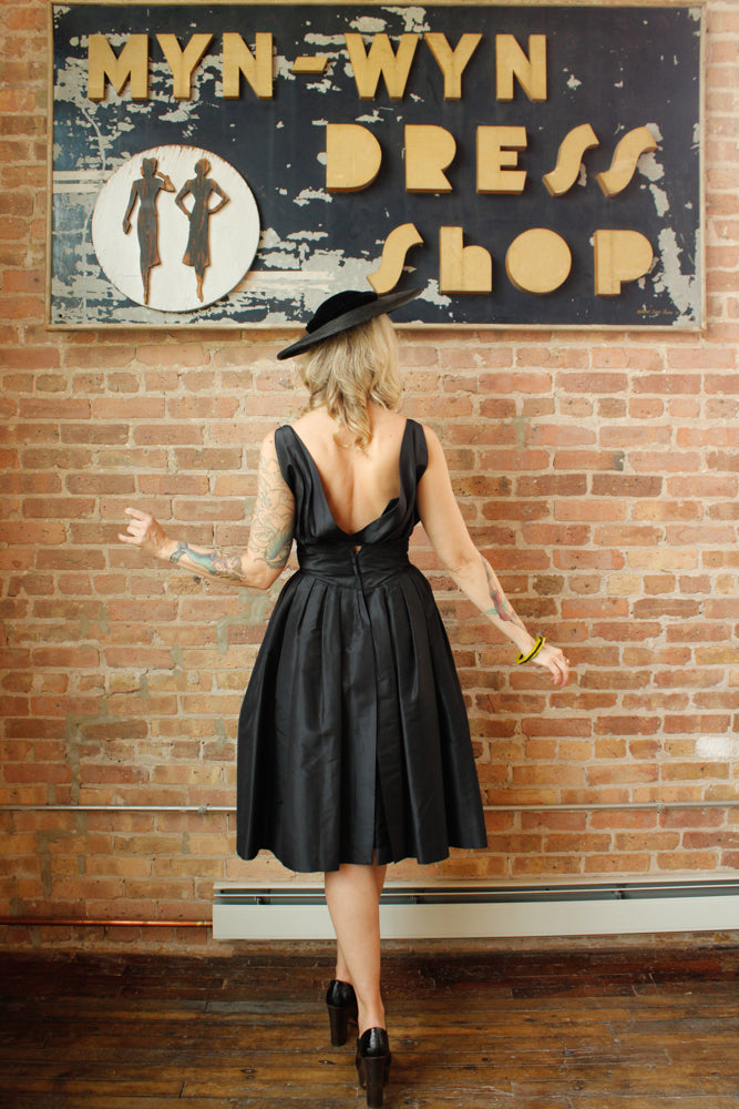 Late 40s / Early 50s Dior Style Black Silk Taffeta Sheath Dress long Peplum - Small
