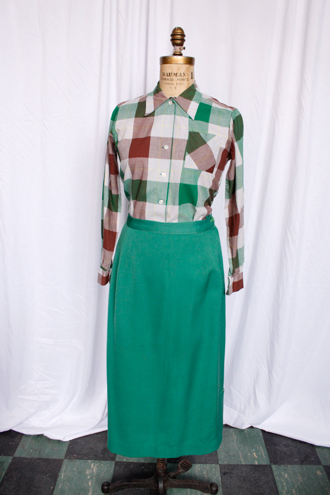 1940s Bright Green Gabardine Skirt - 30" waist