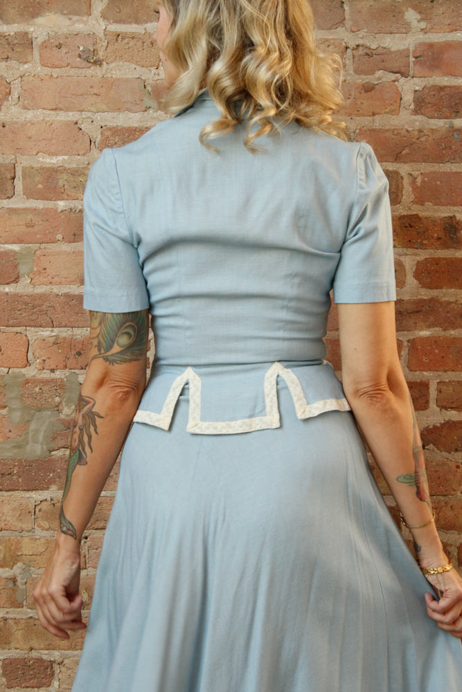 1940s Blue Linen Blouse & Skirt Set - Xsmall