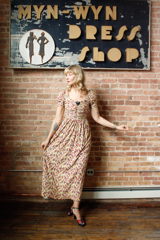 1930s Rayon Jersey Floral Gown with Bakelite clip - Xsmall