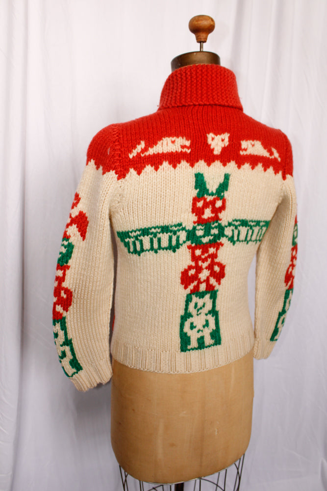 Late 1950s Cowichan Totem Pole Curling Sweater - Xsmall