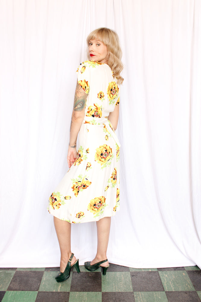 1940s Yellow Floral Rayon Gene Dress - Xsmall