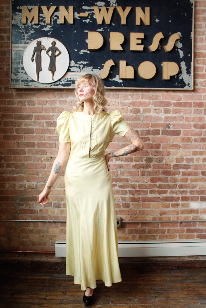 1930s Chartreuse Taffeta Gown with Silk Velvet Jacket - S/M