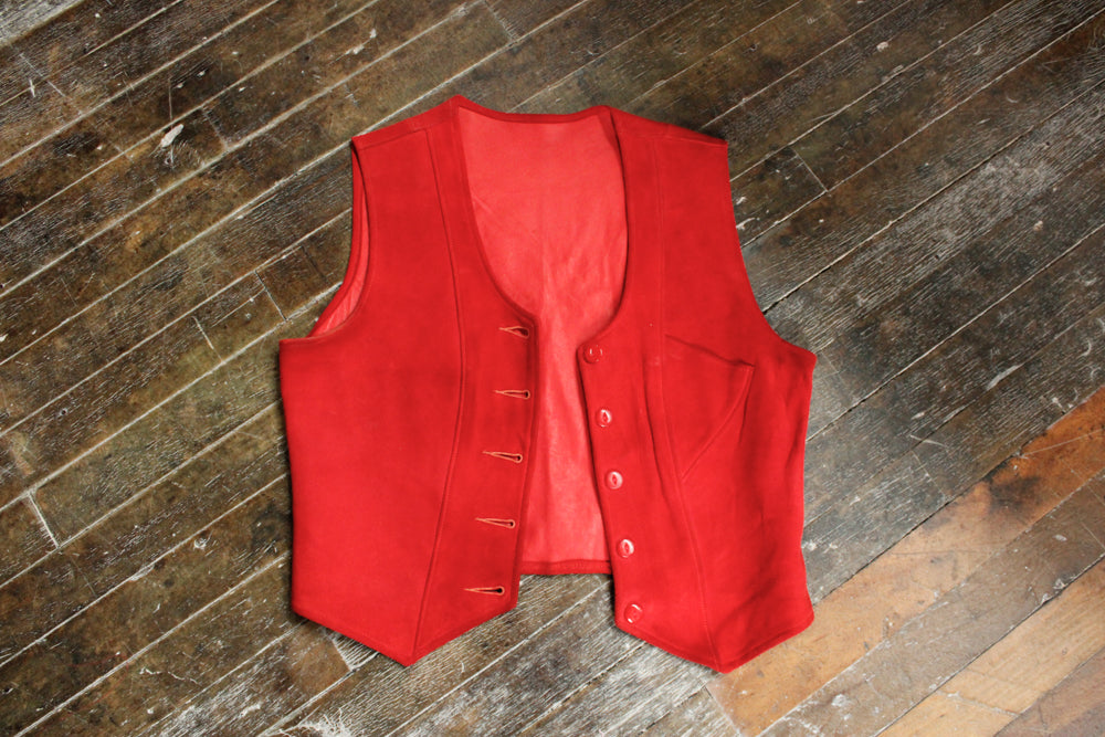 1930s Suede Leather Buckle Back Red Vest - S/M