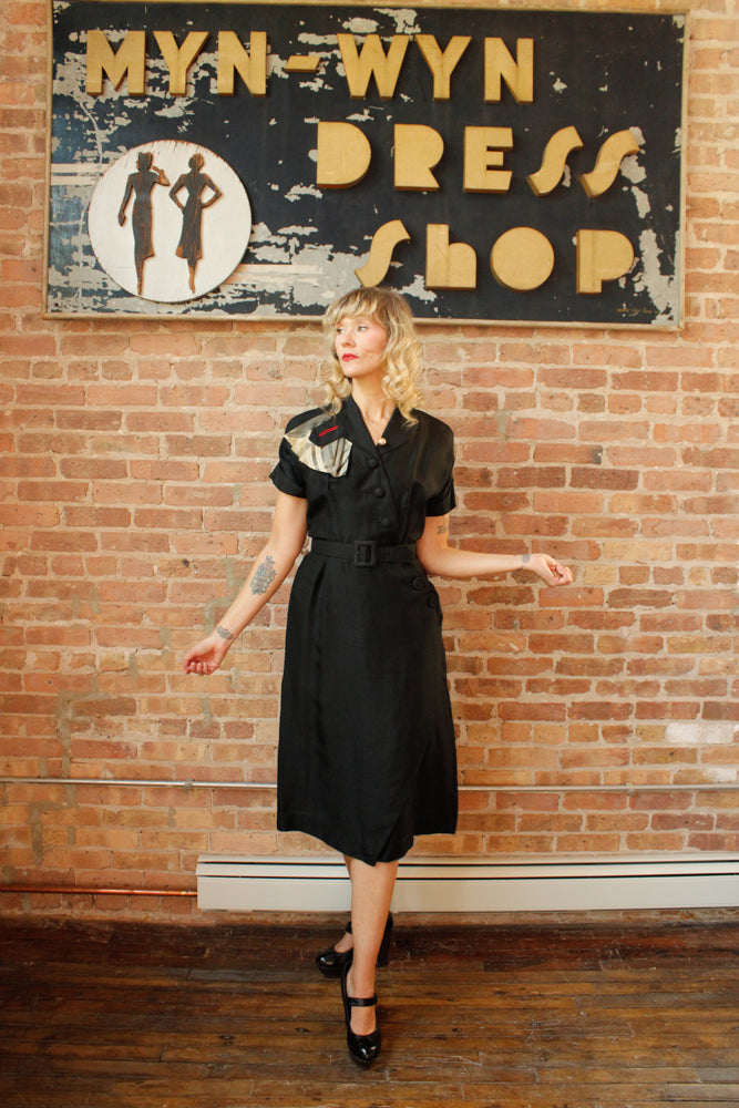 1950s Silk Asymmetrical Button Sheath Dress - Medium