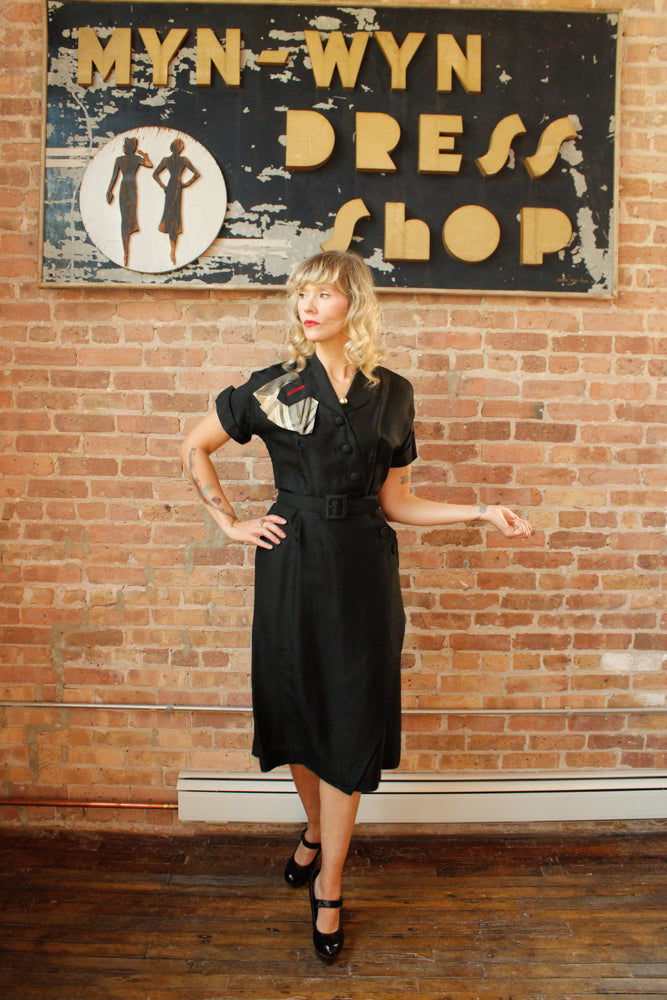 1950s Silk Asymmetrical Button Sheath Dress - Medium