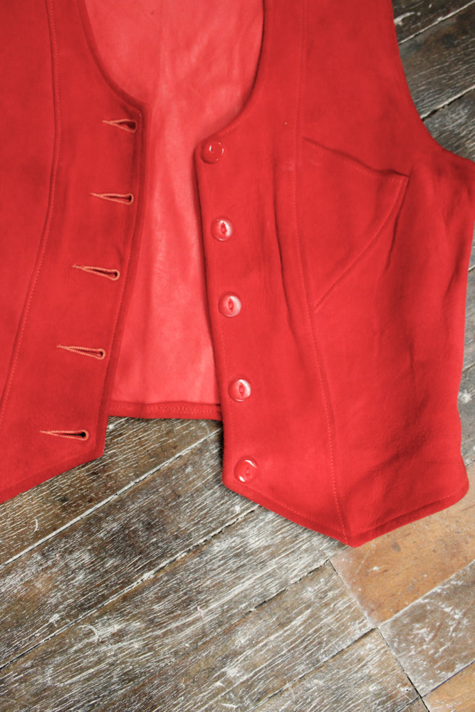 1930s Suede Leather Buckle Back Red Vest - S/M