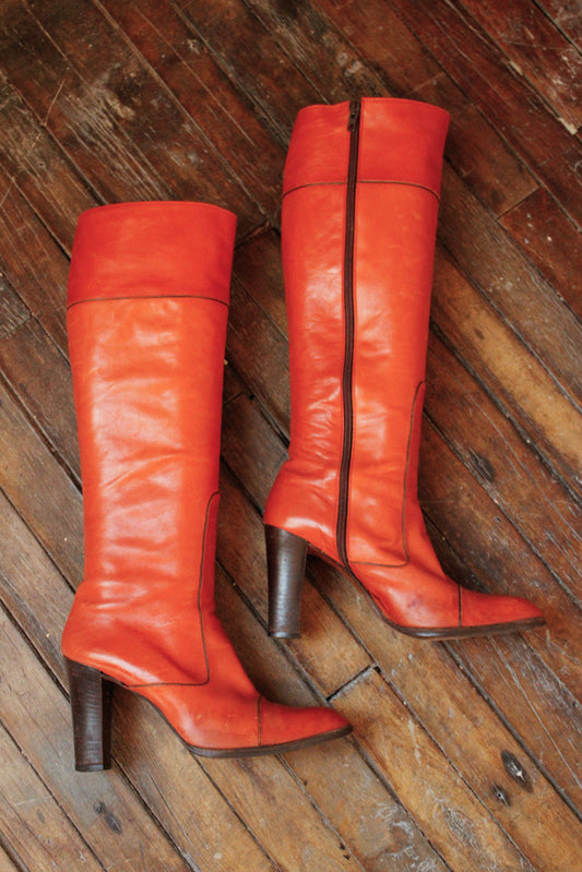 1970s Orange Leather Tall Leather YSL Boots - 8.5M